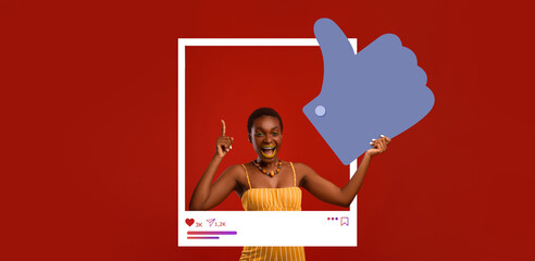 An influencer joyfully gives a thumbs up while promoting positive vibes in a striking collage background. This creative setup captures the energy of online engagement and social connection.