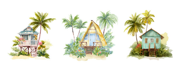 Obraz premium Hawaiian bungalow, Hawaii, watercolor clipart illustration with isolated background.