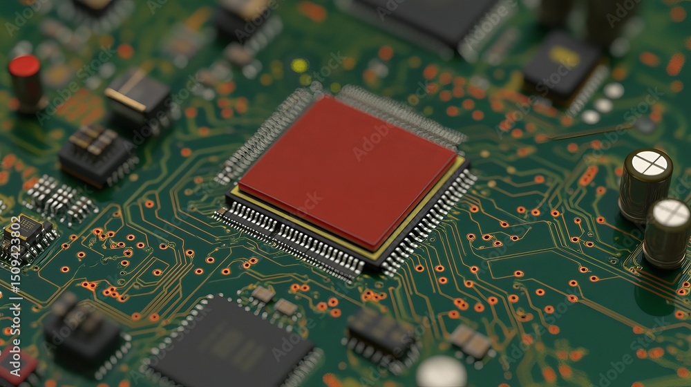 Poster high resolution detailed close up of a modern red circuit board microchip technology digital electro