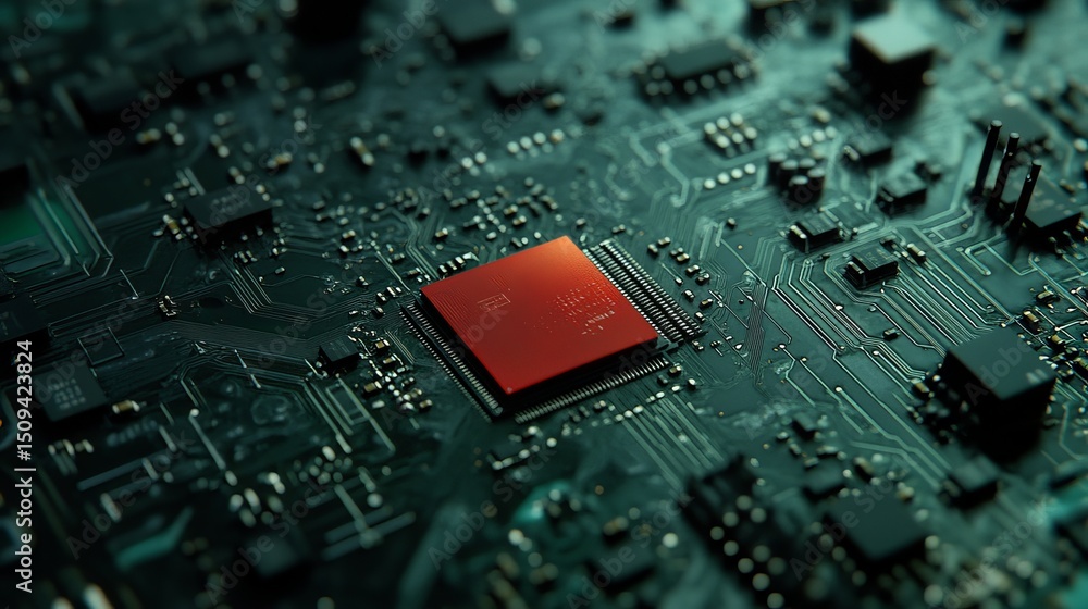 Poster closeup red processor circuit board technology digital electronic hardware modern innovation compute