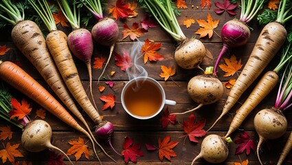 Autumn harvest still life with tea