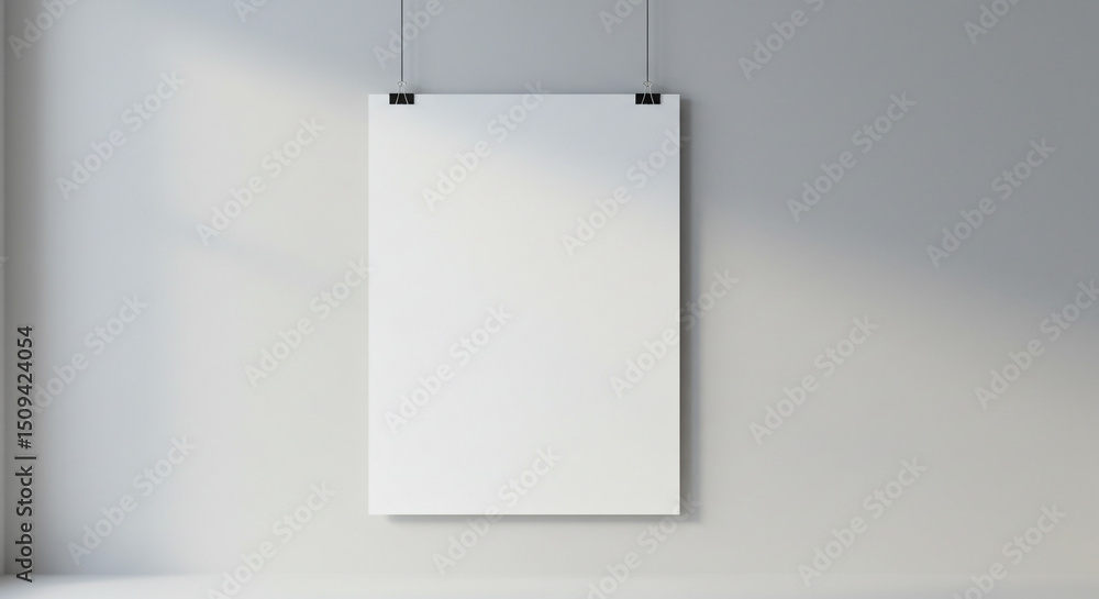 Poster a blank white poster hanging on a light gray wall with clips and string in a minimalist setting