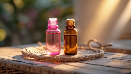 Essential oils in bottles on wooden tray