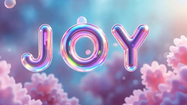 The word joy in iridescent bubble letters against a dreamy pink and blue cloudscape