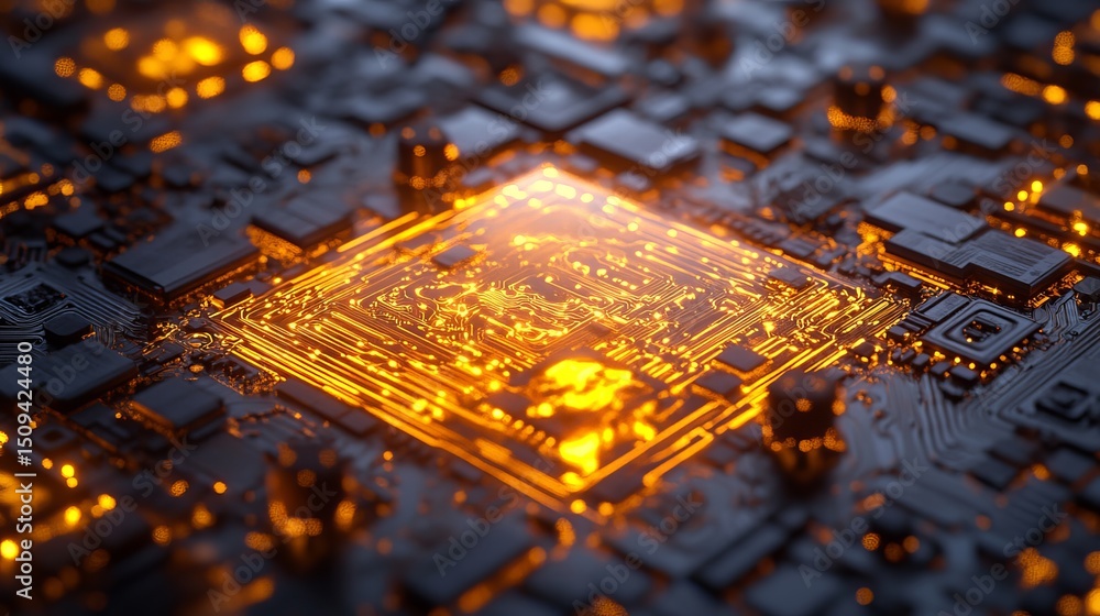 Poster abstract digital circuit board technology background golden orange glowing lines modern technology i