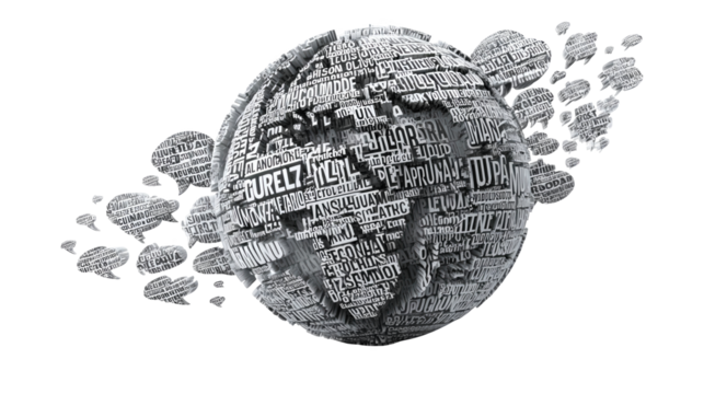 Globe composed of densely packed words, symbolizing global communication and information exchange, is set against a transparent background, with smaller word clusters emanating from it
