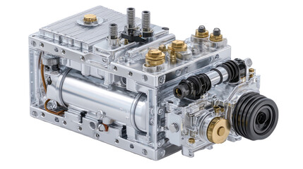 Hydrogen fuel cell system displaying internal mechanical and electronic components with a transparent background, emphasizing innovation in clean energy technology
