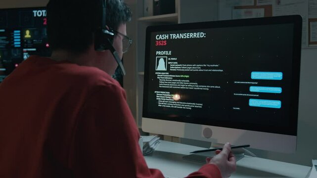 Medium rear shot of male fraudster impersonating bank security officer sitting at computer in scam call center, talking to victim tricking them into revealing pass code, with dialogue recorded on file