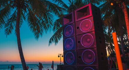 Large sound system speakers stacked high on a beach with palm trees at sunset creating a vibrant scene