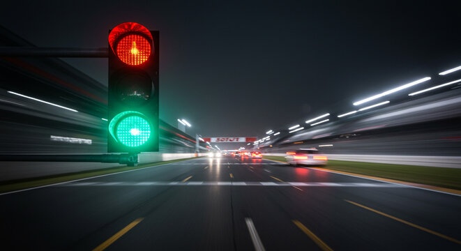 A view of a race track at night with cars speeding by and a traffic light showing red and green lights