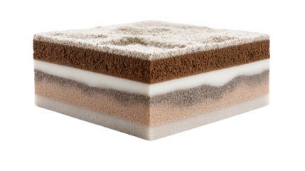 Cross section of a sand battery revealing distinct layers of sand and other materials. Set against a transparent background. Showcasing the innovative technology for storing renewable energy as heat
