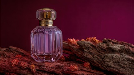 A beautifully crafted perfume bottle stands on rough wood that adds warmth and texture, set against a vibrant purple backdrop enhancing its elegance and allure