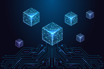 Floating digital cubes above circuit board, blockchain data, decentralized technology vector