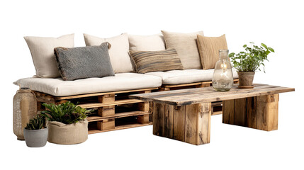Plakat Cozy seating area featuring a pallet sofa with cushions, a rustic wooden coffee table, decorative plants, and a transparent background, creating a relaxed and inviting atmosphere