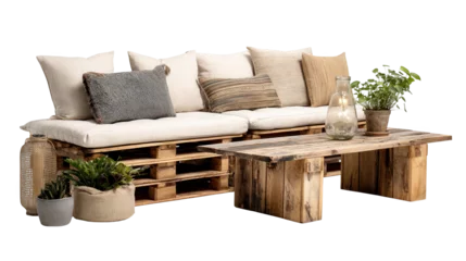 Fotobehang Cozy seating area featuring a pallet sofa with cushions, a rustic wooden coffee table, decorative plants, and a transparent background, creating a relaxed and inviting atmosphere © Justlight