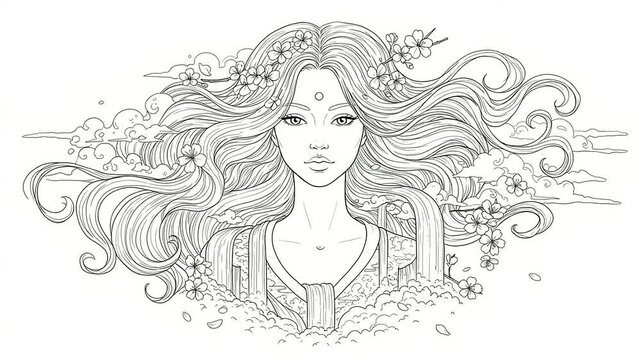 Woman with flowing hair and cherry blossoms