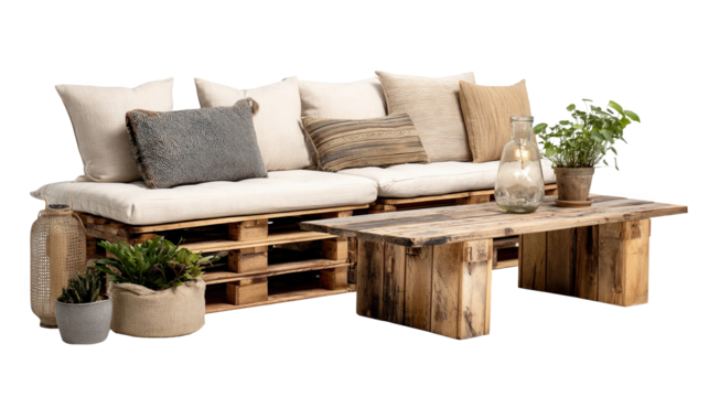 Cozy seating area featuring a pallet sofa with cushions, a rustic wooden coffee table, decorative plants, and a transparent background, creating a relaxed and inviting atmosphere