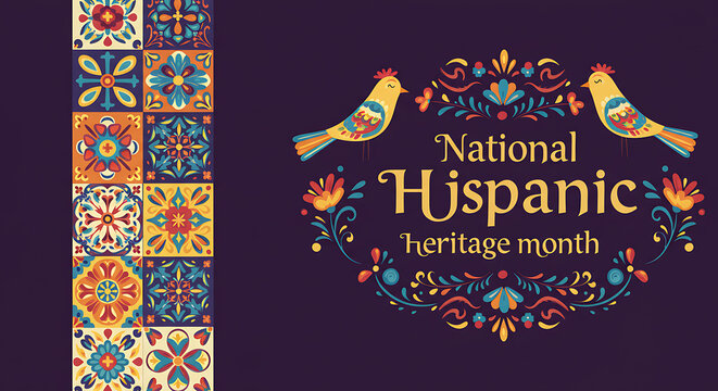 National Hispanic Heritage Month Folk Art Illustration with Traditional Tiles and Birds Banner