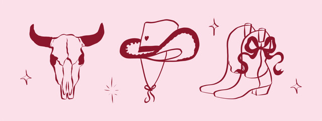 Cowgirl and cowboy set in hand drawn coquette style. Retro whimsical symbols for bachelorette and girls birthday party. Trendy and cute art for holidays banner. Doodle vector illustration