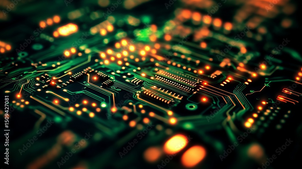 Poster closeup detailed green circuit board technology background high resolution digital image electronic 