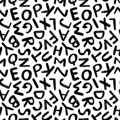 Hand painted letters vector seamless pattern in black and white, Hand written alphabet background
