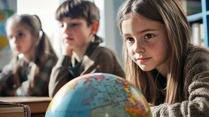 Children learning about the world, classroom, focusing on globe - Powered by Adobe