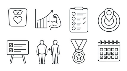 Fitness goals silhouette icons set – exercise, health and wellness symbols