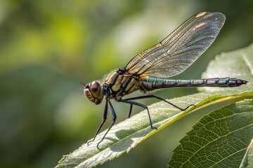 A close up shot of a dragonfly perched on a green leaf with a blurred green background outdoors