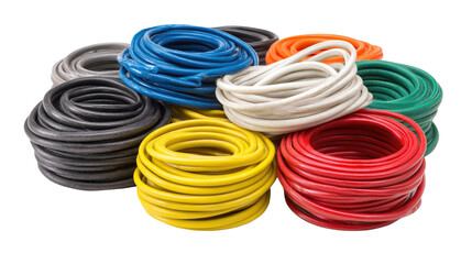 Colorful electrical cables are neatly coiled, showcasing various colors and insulation types against a transparent background, emphasizing their readiness for diverse wiring projects