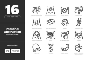 Intestinal Obstruction Icon Set Collection - Outline Line Art Style. Containing Abdominal Swelling, Barium Enema, Bowel Xray, Colon Cancer, Constipation, Crampy Abdominal Pain, Hernia, Bowel Movement.