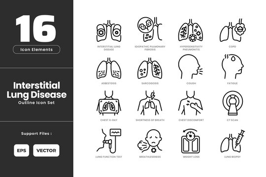 Interstitial Lung Disease Icon Set Collection - Outline Line Art. Containing Asbestosis, Breathless, Chest Discomfort, Chest X-ray, COP, Cough, Idiopathic Pulmonary Fibrosis, Fatigue, Hypersension.
