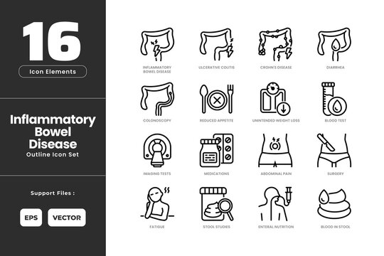 Inflammatory Bowel Disease Icon Set Collection - Outline Line Art Style. Containing Abdominal Pain, Blood in Stool, Blood Test, Colonoscopy, Crohn's Disease, Diarrhea, Enteral Nutrition, Fatigue.