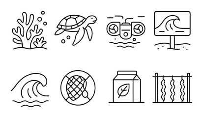 Ocean conservation outline icons set – marine, sustainability, ecological symbols