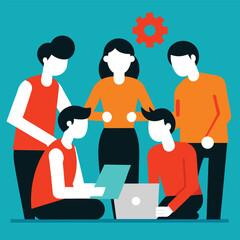 Business people icons vector illustration: diverse team working together in the office
