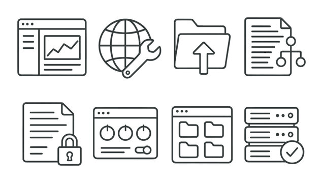 Web hosting outline icons set – online, server, and network technology symbols