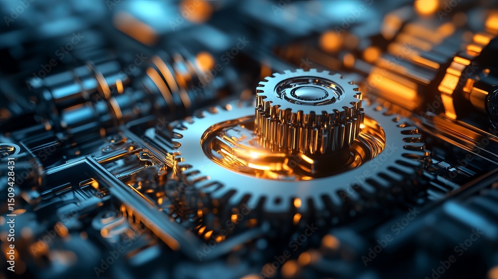 Poster abstract metallic gears precise engineering machine industrial technology background design detailed