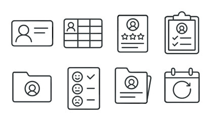 Client management outline icons set – organize, plan and business tools in simple style