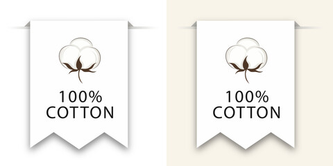 Two elegant 100% cotton clothing labels, emphasizing natural fibers, comfort, quality textiles, and eco-friendly apparel for consumers