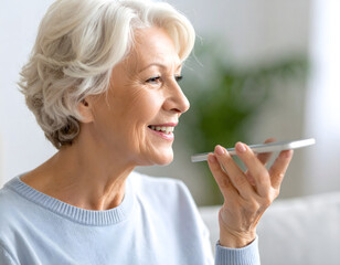 Senior Woman Using Voice Recognition on Smartphone Smiling Close Up