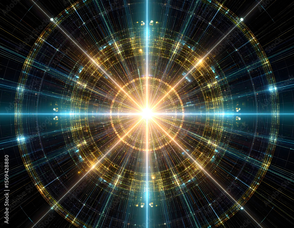 Wall mural abstract golden galactic burst futuristic technology and data stream visualization