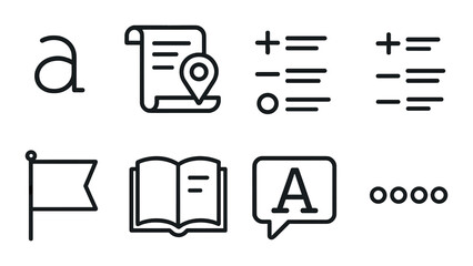 Dictionary and language linear icons set – outline, text and writing symbols