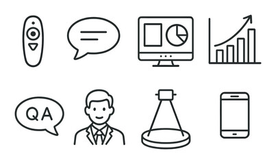 Pitch presentation line icons set – linear, meeting and business communication symbols