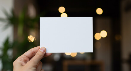 A hand holding a blank white card in front of blurred lights and green foliage background indoors