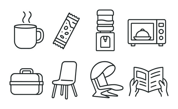 Office break essentials outline icons set – simple, refreshment and leisure symbols