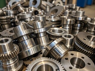 A close up shot showcasing a pile of shiny metal gears and machine parts in a workshop setting
