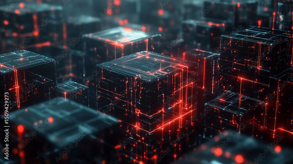 Poster abstract digital cubes network red glowing lines technology background futuristic illuminated modern
