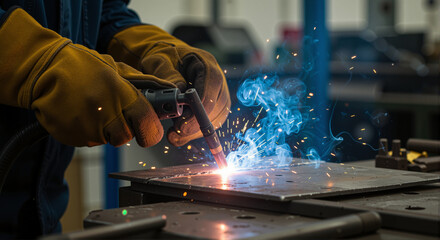 Welding process in vocational training, skilled trades, close-up of hands with welding torch and sparks