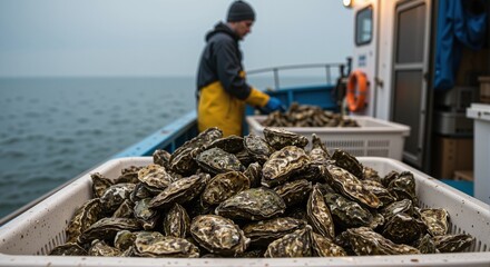Oyster farmer working on a boat, sorting fresh oysters in baskets against a calm sea backdrop