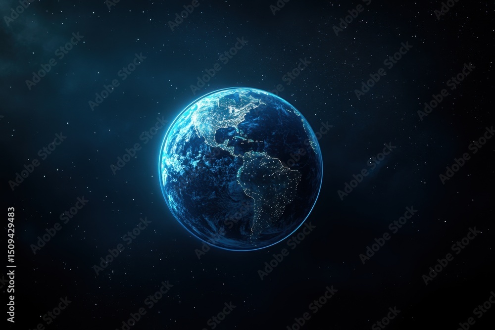 Poster abstract digital technology background with a blue earth globe, futuristic tech, and global network 