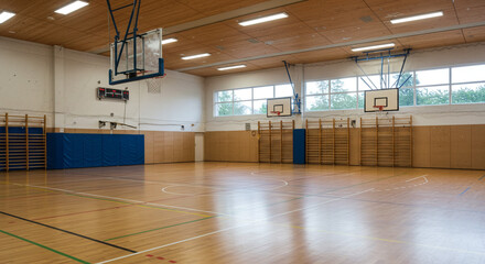 Interior view of a gymnasium with basketball hoops, wooden floors, and climbing wall equipment present
